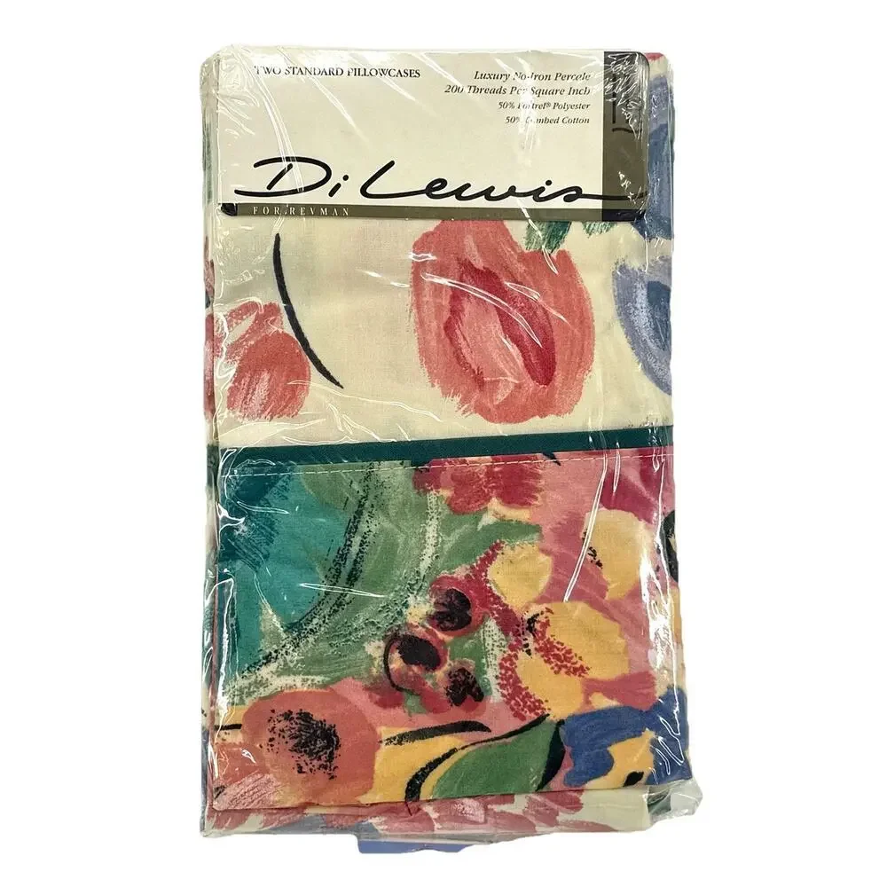 Di Lewis VTG 1991 Set of 2 Standard Pillow Cases Watercolor Floral Country Charm